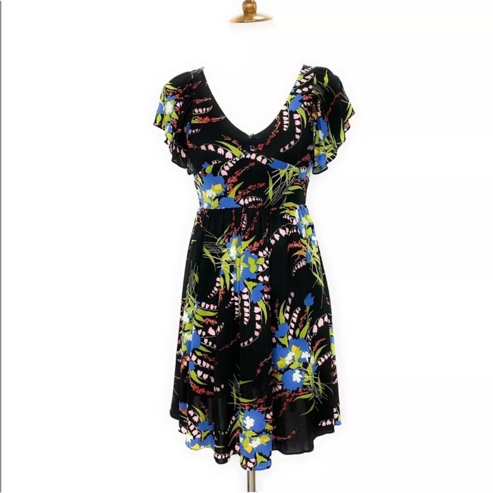 Anthropologie Mermaid Black Retro Floral Flutter Sleeve Midi Dress, Size XS